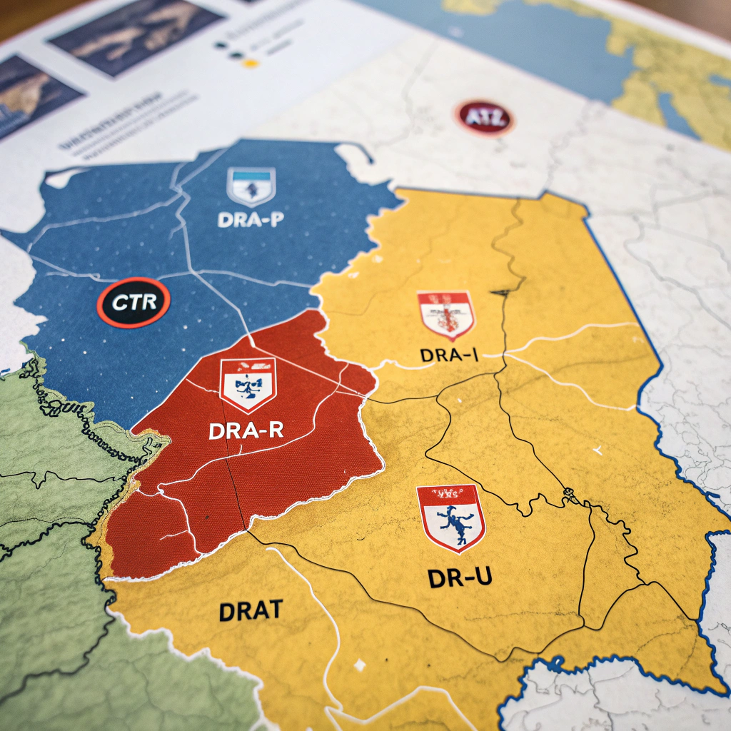 Mapa Polski ze strefami lotniczymi dla dronów: DRA-P, DRA-R, DRA-I, DRA-T, DRA-U, CTR, ATZ.