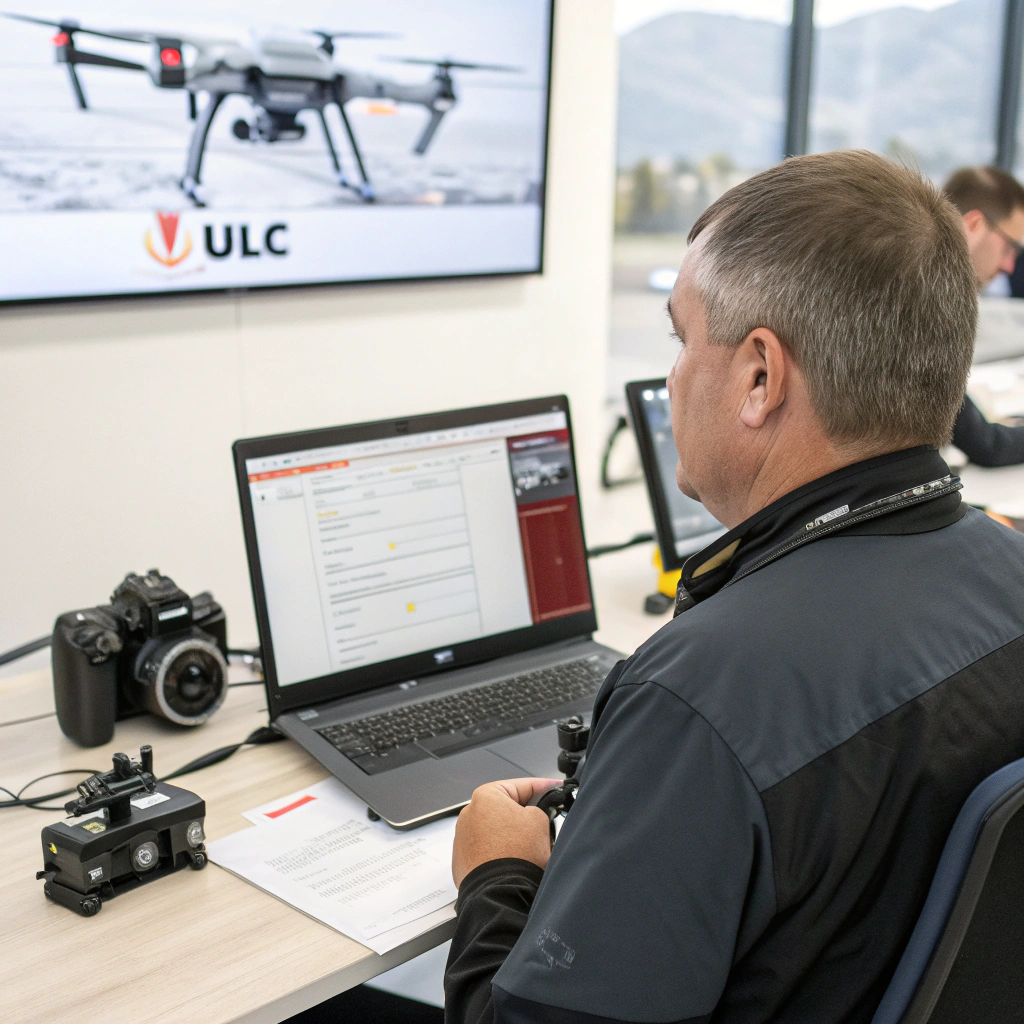 Operator drona rejestrujący swój sprzęt przed komputerem, z widocznymi przepisami dronowymi i grafiką dronów do 250 g.