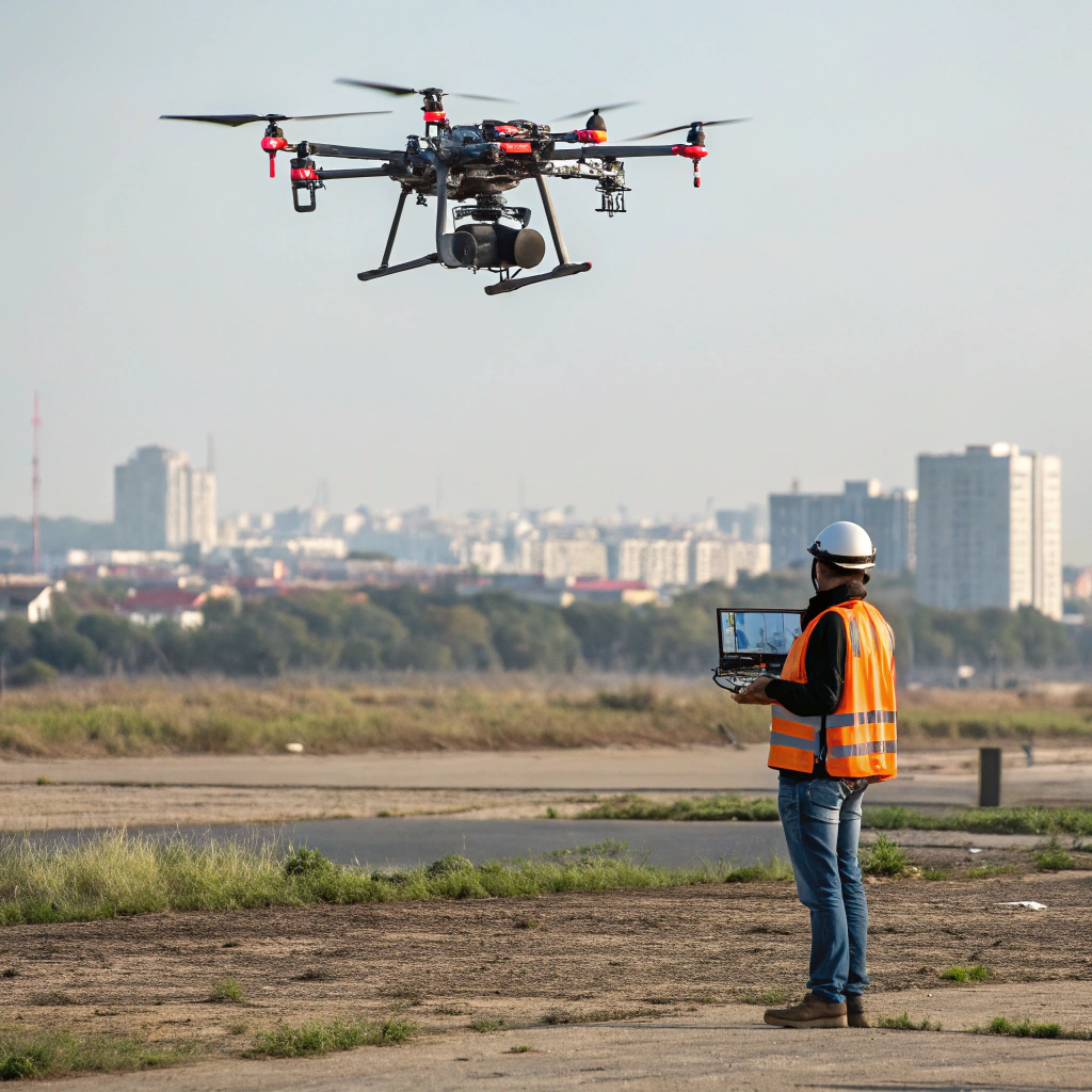 Dron C2 do 4 kg z oznaczeniami zdalnej identyfikacji, lecący w trybie niskiej prędkości nad otwartym terenem.