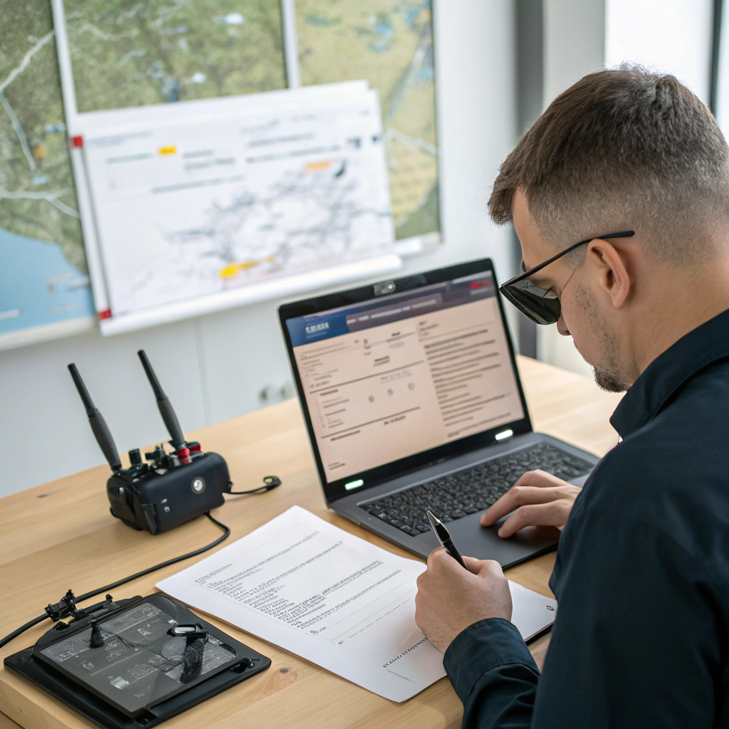 Operator drona rejestrujący plan lotu w systemie PansaUTM, przygotowujący się do uzyskania zgody PAŻP na lot w strefie kontrolowanej.